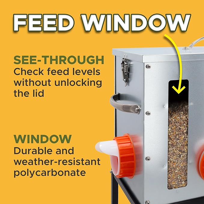 Metal Chicken Feeder 40lb, No Waste Automatic Chicken Feeder with Window, Galvanized Large Capacity Poultry Equipment, Rodent Proof, Rat Proof, Weatherproof Silo, Outdoor Coop, Comederos para Gallinas