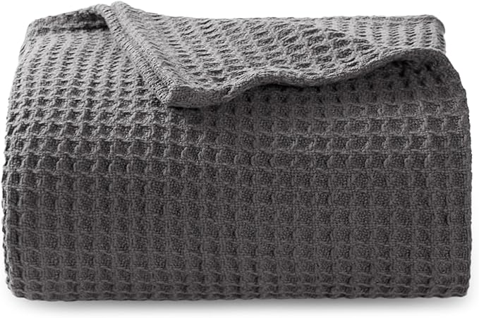 Bedsure Gentlesoft 100% Cotton Blanket Twin XL Size for College Dorm - Breathable and Soft, Waffle Weave Twin Blanket for Summer, Dorm Room Essentials, Dark Grey, 66x90 inches
