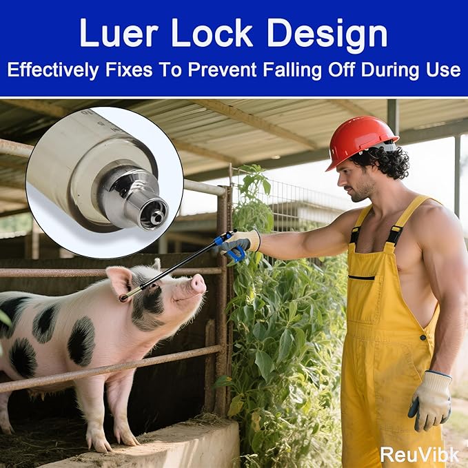 50ML Long Arms Livestock Syringe Gun, 5 Gears Adjustable Animals Injector Continuous Cattle Syringe Gun with Luer Lock, Suitable for Pigs, Cattle, Sheep, Horses, Etc