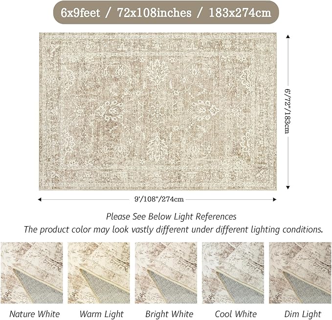 Madane Washable 6x9 Area Rugs for Living Room, Vintage Natural Rug with Non-Slip Backing, Soft Stain Resistant Throw Rugs Thin Carpet for Bedroom Dining Room Farmhouse (6 x 9, Brown/Sand)