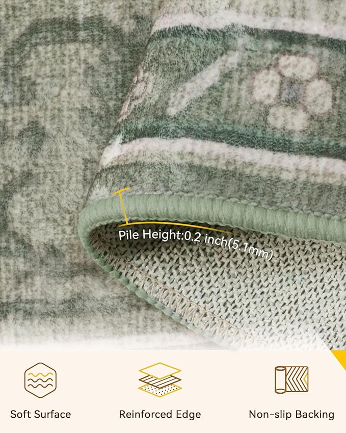 Area Rugs 7ft Washable Non-Slip, Floral Vintage Distress Print Pattern Medallion Carpet for Living Room Bedroom Dining Room, Dark Green Gray