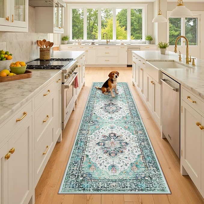 Area Rugs 2'6''x8' Washable Non-Slip, Floral Vintage Distress Print Pattern Medallion Carpet for Living Room Bedroom Dining Room, Green Navy Blue White Red Teal Colorful