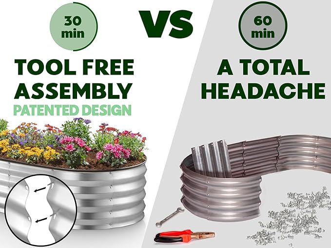 Plant & Plot Galvanized Raised Garden Beds Outdoor // 8×2×1 ft Planter Raised Beds for Gardening, Vegetables, Flowers // Large Metal Garden Box (Silver) // Patented Tool-Free Design