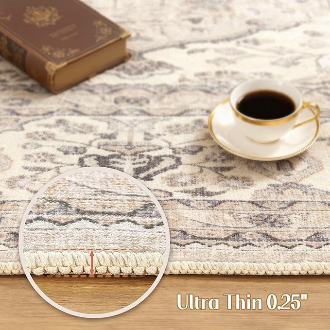 Washable Rug 3x8 Area Rugs for Entryway Bedroom Dining Room Home Office Floor Decor -Stain & Fade Resistant Non Slip Backing Carpet,Ultra-Thin Vintage Large Carpets (Brown/Beige)