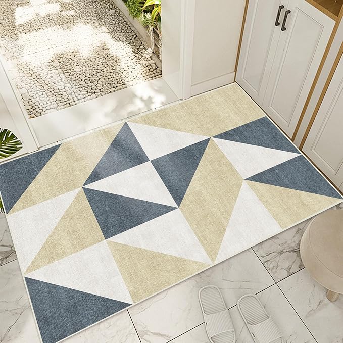 2x3 Washable Area Rugs Geometric Abstract Small Carpet Blue and Gold Doormat for Entryway Bathroom Living Room Bedroom Washing Room Non Slip