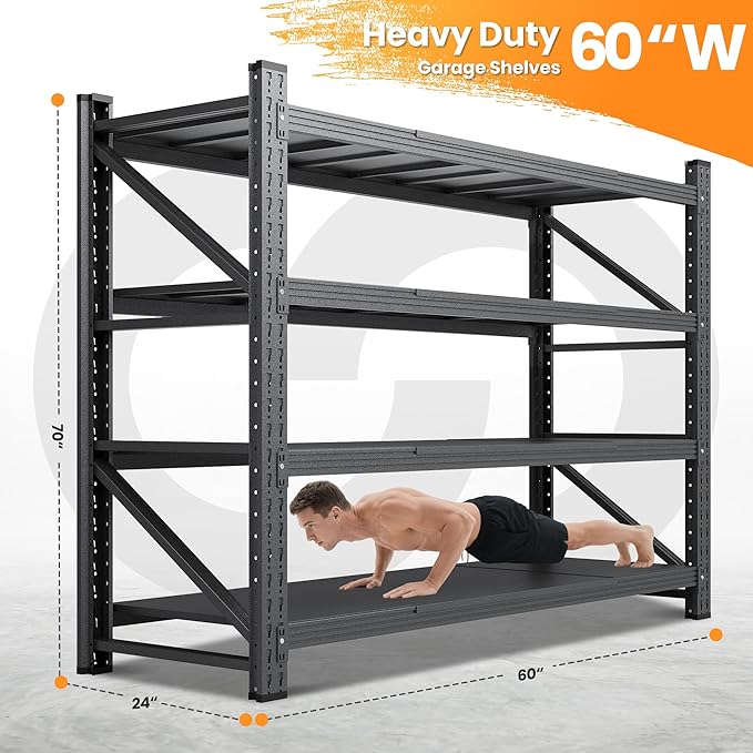 60"W Metal Shelving Units, 5000LBS Garage Shelving Heavy Duty, 24" Deep Large Storage Shelves, 4 Tier Tall Steel Industrial Shelving , Adjustable Standing Shelf for Warehouse / Shop 60"W x 24"D x 70"H