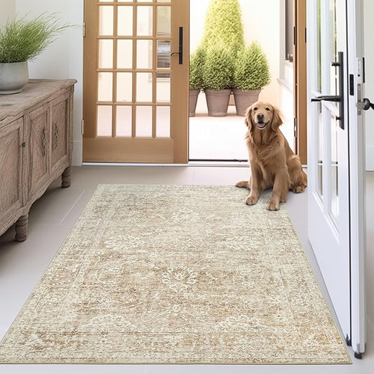 Madane 3x5 Area Rugs for Entryway,Washable Vintage Low Pile Non-Slip Throw Area Rugs, Accent Rug Floral Print Indoor Mat for Bedside Living Room Kitchen Bedroom, Beige/Brown