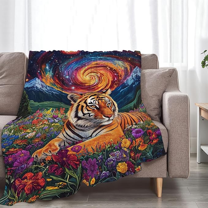 Tiger Blanket Starry Night Floral Animal Throw Blankets Gifts for Girls Boys Kids Tiger Lover Soft Cozy Fleece Plush for Couch Sofa Bed 60"x50"