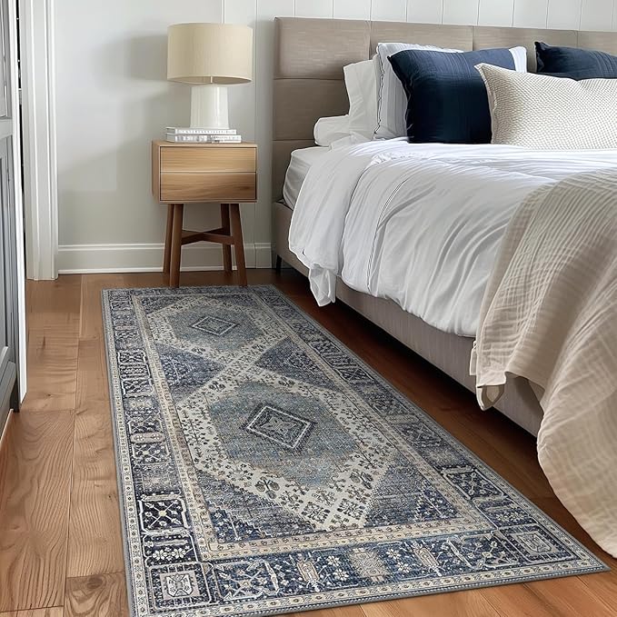 GENIMO 2x10 Runner Rugs for Hallway, Machine Washable Non Slip Vintage Rugs, Low Pile Lightweight Soft Print Rug for enrtyway, Corridor, Home Office, Kitchen,Navy/Cream