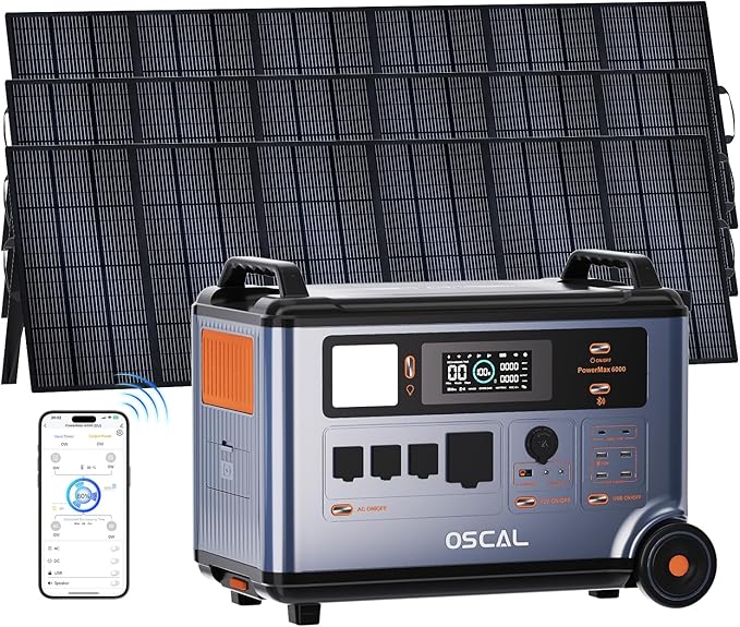 OSCAL 6000W(Peak 9000W) Solar Generator with 3x500W Solar Panel,120V/240V Dual Voltage Power Station,3600WH EV-Grade LiFePO₄ Battery,4×6000W AC Outlets,2200W 1.96H Fast Charge,for Home Backup,RV.