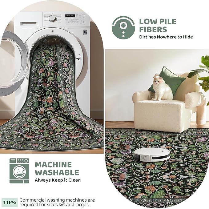 3x5 Area Rug Living Room Rugs - Washable Boho Vintage Floral Large Soft Non Slip Thin Rug Low Pile Carpet for Bedroom Dining Room Kids Playroom Office Decor Indoor- Green Dark