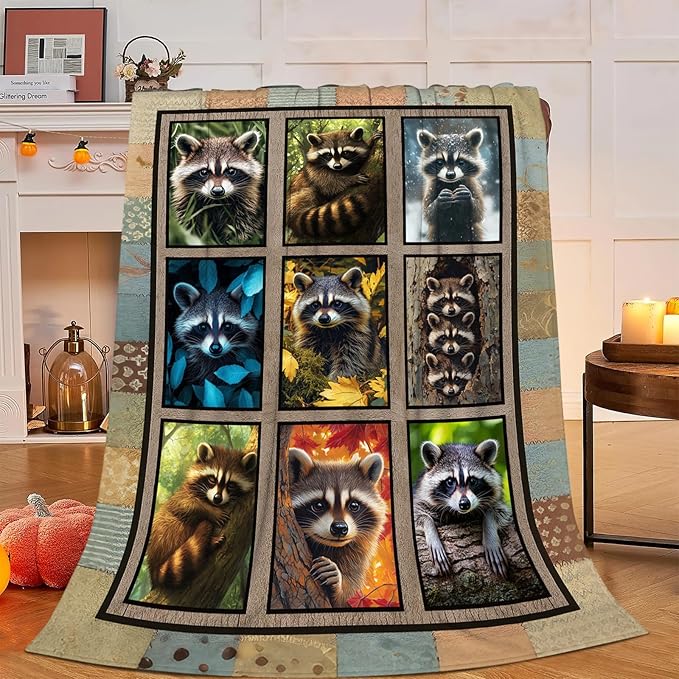 Raccoon Blanket, Cute Animal Throw Blanket, Raccoon Gifts Blankets Stuff Fleece Flannel Plush for Girls Women Men Boys Lovers Adults Soft Bedding Gift for Sofa Bed Office Home Decor 60"x50"