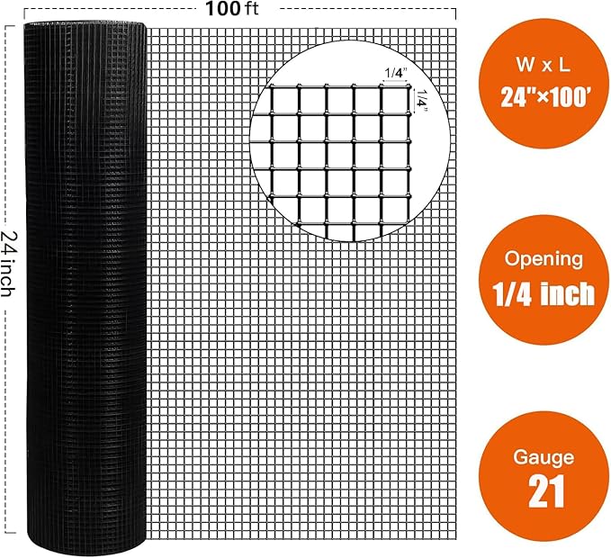 Hardware Cloth for Chicken Wire Fencing of Chicken Coop-1/4in Mesh AWG 21 Gauge 24in x 100ft Black Vinyl Coated Wire Mesh Roll-Rodent Mesh, Beehive Guards, Seedling Protection