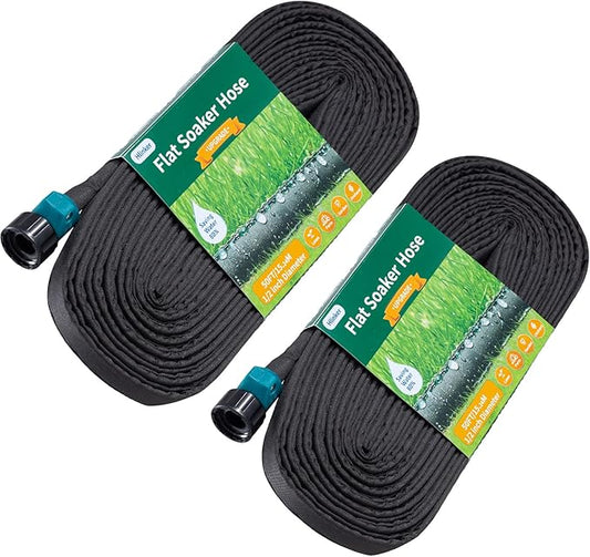 Flat Soaker Hose 100 FT for Garden Beds, 50Ft 2Packs 1/2" Linkable Consistent Drip Irrigation Hose Save 80% Water, Leakproof Heavy Duty Double Layer Sprinkler Hose