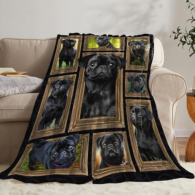 Black Pug Blanket Pug Dog Blankets Fleece Plush Flannel Super Soft Cozy Warm Lightweight Cute Pugs Dogs Decor Gifts for Boys Girls Kids Adults Men Women 40" x 50"
