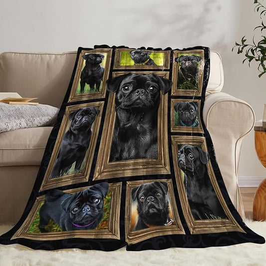 Black Pug Blanket Pug Dog Blankets Fleece Plush Flannel Super Soft Cozy Warm Lightweight Cute Pugs Dogs Decor Gifts for Boys Girls Kids Adults Men Women 60" x 80"