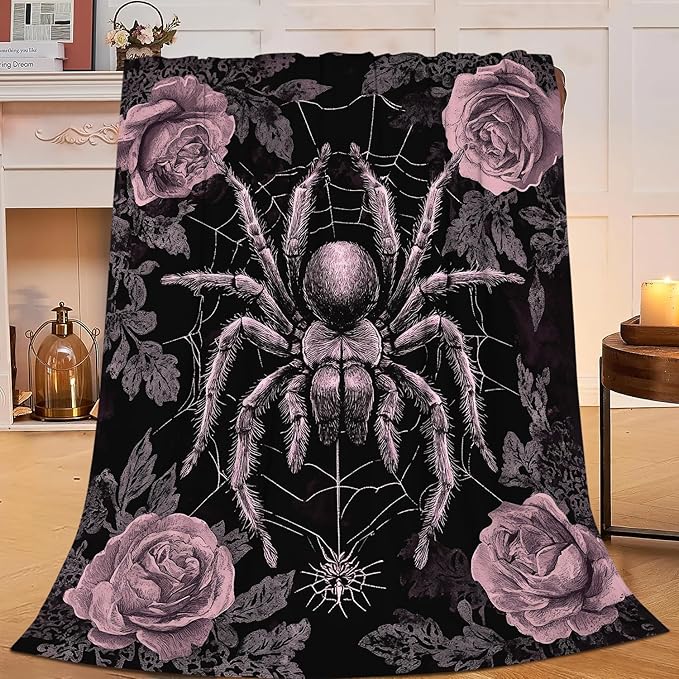 Gothic Spider Throw Blanket Rose Spiders Blankets Aviation Spider Web Fleece Plush Super Soft Cozy Warm Lightweight Decor Gifts for Boys Girls Kids Adults Men Women 50" x 60"