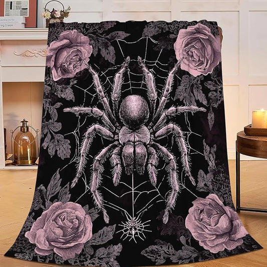 Gothic Spider Throw Blanket Rose Spiders Blankets Aviation Spider Web Fleece Plush Super Soft Cozy Warm Lightweight Decor Gifts for Boys Girls Kids Adults Men Women 50" x 60"