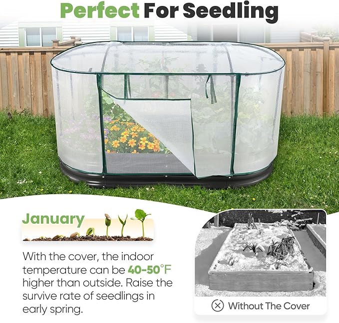 KING BIRD Raised Garden Bed with Cover Galvanized Oval Planter Garden Box Outdoor for Gardening, Vegetables, Flowers 71x36x12 in, White