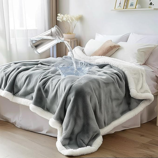 Waterproof Queen Size Blanket - Sherpa Fleece Reversible Throw, Soft Warm Leak-Proof Bed & Couch Protector for Kids, Pets & Everyday Spills (Velvet Gray/Cloud White, Queen 90x90)