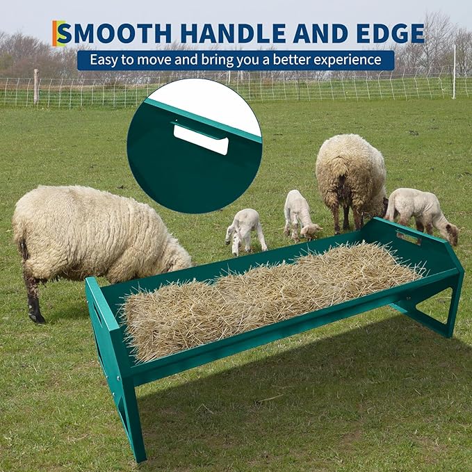 GarveeLife Livestock Feeding Trough, Heavy Duty Steel Livestock Trough for 10 Sheep Once, 22 Gallon Capacity 45.13" Hay Feeder for Horse, Goat, Sheep, Cattle, Cow, Alpaca, Dark Green