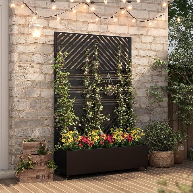 Metal Planter with Trellis& Wheels 72" x 47"x 15.7" Raised Garden Bed with Trellis,Privacy Planters for Patio,Garden Bed for Climbing Plants,Suitable for Climbing Plants and Vegetables,Black
