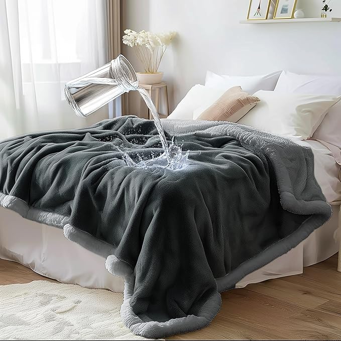 Waterproof Queen Size Blanket - Sherpa Fleece Reversible Throw, Soft Warm Leak-Proof Bed & Couch Protector for Kids, Pets & Everyday Spills (Charcoal Grey/Silver Grey, Queen 90x90)