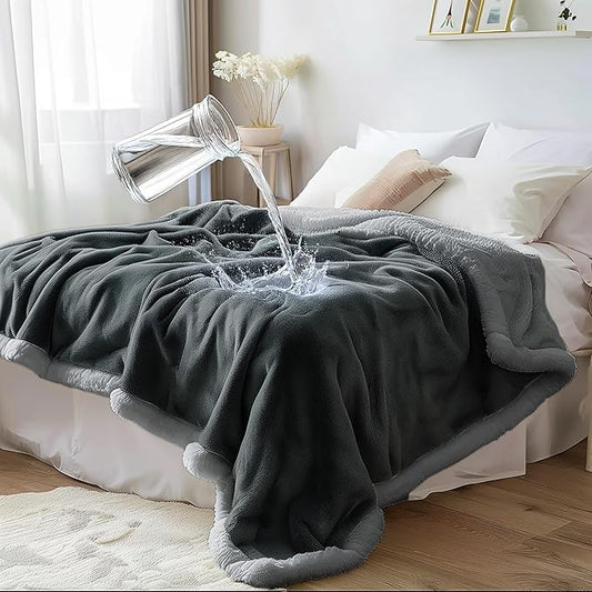 Waterproof Queen Size Blanket - Sherpa Fleece Reversible Throw, Soft Warm Leak-Proof Bed & Couch Protector for Kids, Pets & Everyday Spills (Charcoal Grey/Silver Grey, Queen 90x90)