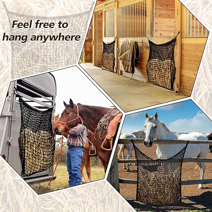Fabbay 2 Pcs Slow Feed Hay Net Hay Feeder Bags for Horses Goat Stall Trailer Horse Feeding Supplies(63 x 40 Inch,Black)