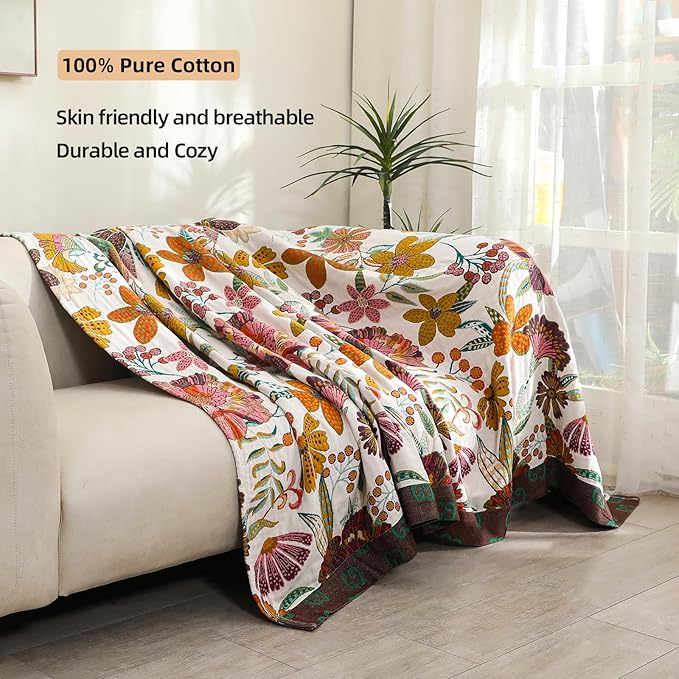 Queen Boho Throw Blanket for Bed, 100% Cotton Muslin Soft Throw-Floral Farmhouse Rustic Decor Blanket for Couch Sofa Quilt and Gift, 80" x 90"-BeigeWhite