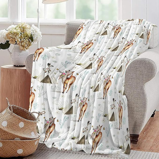 Horse Blanket Rustic Boho Horse Lover Throw Blanket Super Soft Plush Warm Fleece Flannel Western Cactus Decor Gifts for Baby Kids Girls Women Boys for Sofa Couch Bed 40"X50"