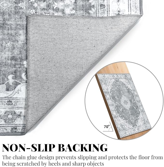 MUJOO Grey Rug 2'x3',Small Washable Area Rugs for Entryway Kitchen Bathroom Bedroom,Boho Vintage Bohemian Distressed Farmhouse Non Slip Carpet, Floral