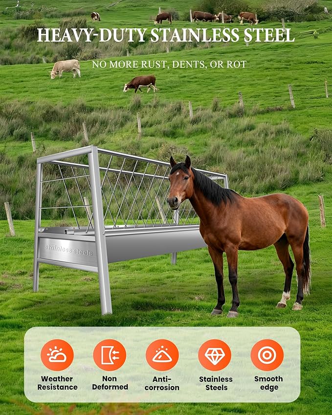 99 Gallon Pasture Hay Feeder, 2 in 1 Stainless Steel Goat Hay Feeder with Deeper Feeding Pan for Goat Sheep Horse, Detachable Livestock Feeder Ease of Assembly in Farm Outdoor, Silver