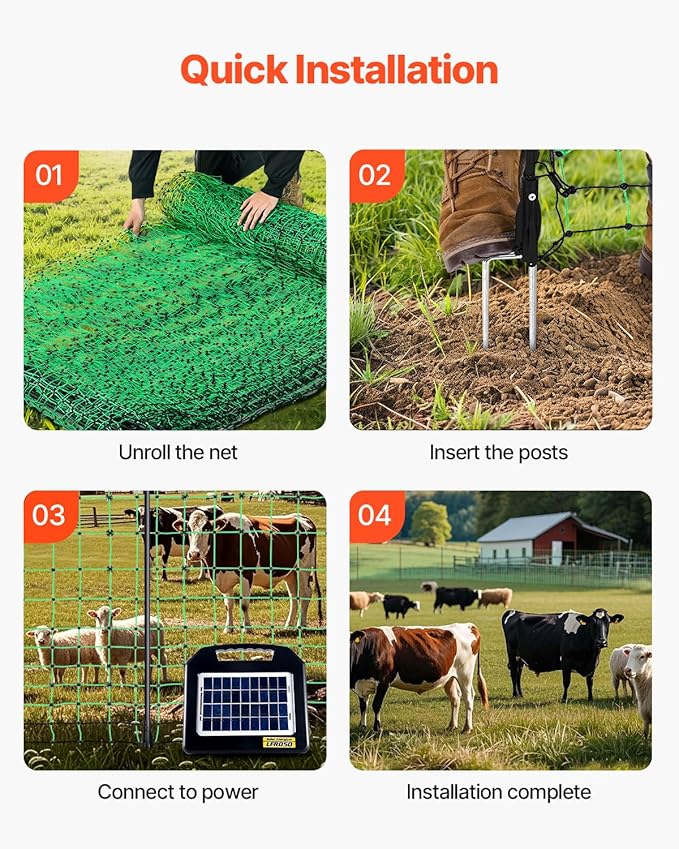 VEVOR Electric Fence Netting, 50" H x 164' L, Livestock Net Fencing with Posts & Stakes, Portable Mesh Nets for Goats, Sheep, Deer, Hogs, Dogs, Electric Fencing for Backyards, Gardens, Farms, Ranches