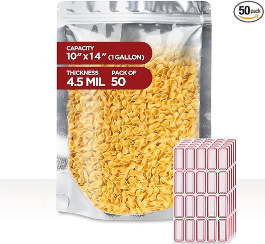 BELLE KR® 50 Pcs 1 Gallon Mylar Bags for food storage - 9.5 mil - Gusseted Mylar Bags 1 Gallon Resealable & Heat Sealable for Long Term Food Storage - Labels Included