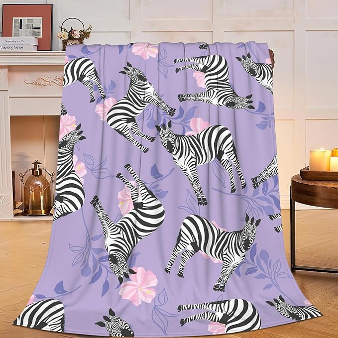 Zebra Blanket Super Cozy Soft Warm Plush Fluffy Flower Stuff Gifts for Women Girls Fleece Flannel Gift Blankets for Kids Adults 80"X60"
