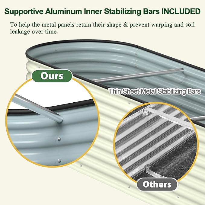 MUPATER Galvanized Raised Garden Bed 8x2x2ft, 9-in-1 Metal Raised Planter Box with 2 Aluminum Support Rods, Oval Outdoor Raised Garden Bed for Vegetable, Flower, Backyard and Patio, Cream White