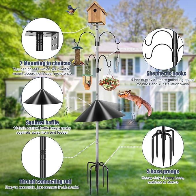 Gtongoko Smart Bird Feeder Pole Squirrel Proof 94 Inch with 4 Shepherds Hooks Hanging Bluebird House Pole for Outdoors Squirrel Baffles for Feeders Metal Heavy Duty Mounting Kit