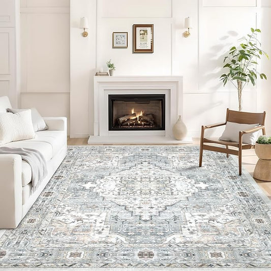 Area Rug 6×9 Washable Rugs for Bedroom, Vintage Floral Rug Soft Non Slip Stain Resistant Carpet for Living Room Dinning Room Kitchen Home Office Blue Green Multi
