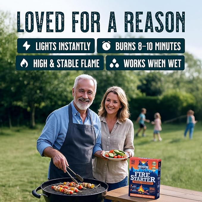 Fire Starter Cubes, 160 pcs - Easy BBQ Ignition - Natural, Waterproof & Odorless Firestarter Squares for Campfire, Charcoal Grill, Outdoor Fire Pit, Wood Stove, Fireplace, Logs - Camping Essentials