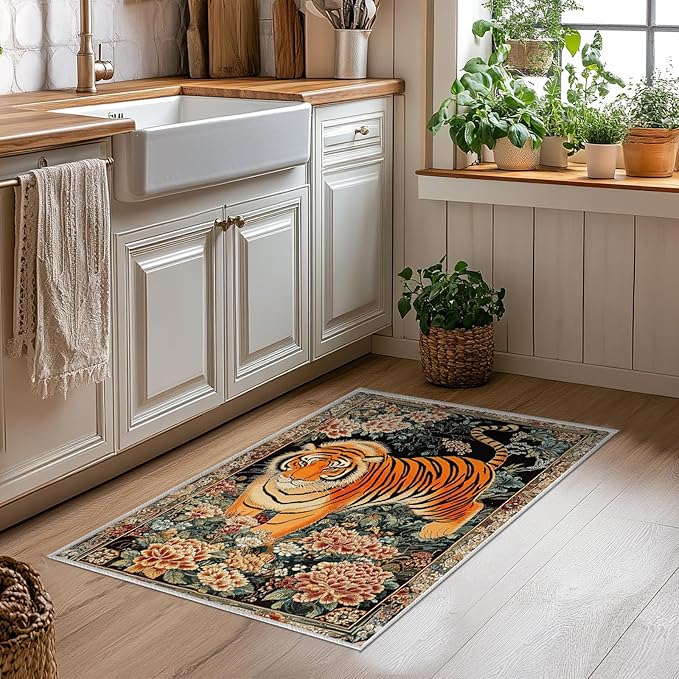 2x3 Tiger Rugs Boho Floral Flower Tiger Rug for Bathroom Kitchen Entryway Indoor Soft Non-Slip Thin Hippie Carpet Small Doormat for Office Dining Room Under Table Washable Machine