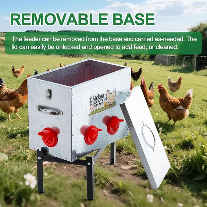 40 LB Automatic Chicken Feeder with 6 Feeding Ports, No-Waste Poultry Feeder with Locking Lid and Adjustable Legs for Inside Chicken Coops Metal Automatic Poultry Feeders (Sliver, 40LB with 6 Ports)
