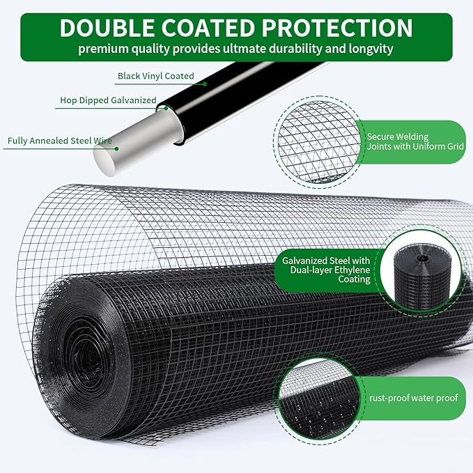 Black Hardware Cloth 19 Gauge 1/2 inch 48 inch x 100 Foot Chicken Wire Fenceing Roll PVC Coated Wire Mesh Vinyl Coated Fence for Chicken Coop Garden Fencing Rat Wire Mesh
