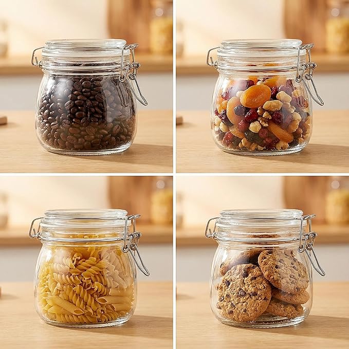 17oz Airtight Glass Jars with Clamp Lids, Small Food Storage Canisters Set of 6, Wire Clip Mason Jars for Canning Pickling Spice Herb