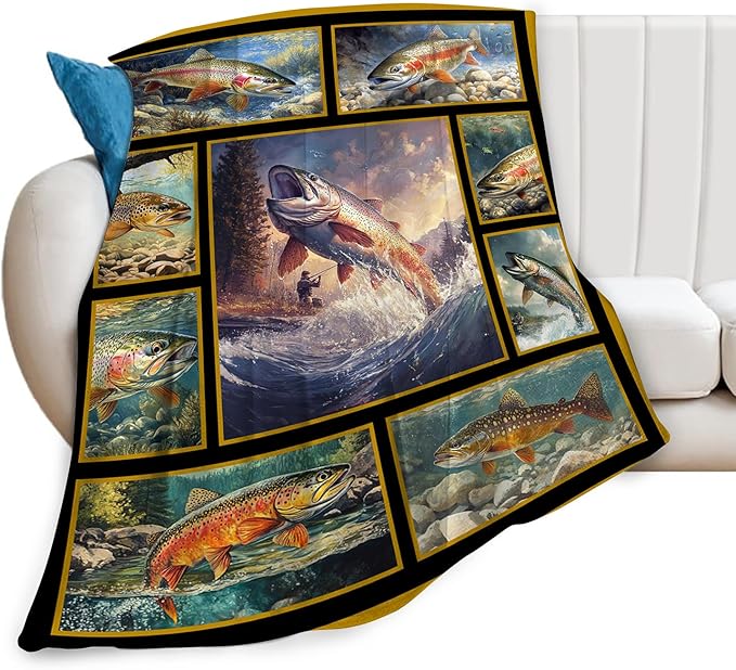 Fishing Throw Blanket Ultra Soft Cozy Rainbow Trout Fish Blanket Fleece Fuzzy Plush Fishing Lovers Decor Gifts for Women Girls Adults Couch Sofa 80"x60"