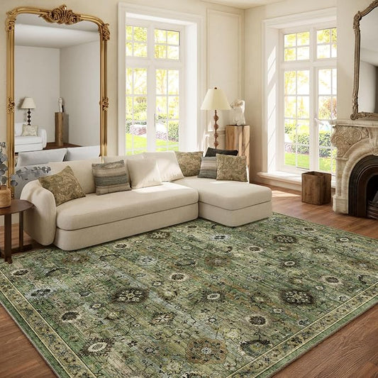 Washable Area Rugs for Living Room: 6x9 Rug Boho Vintage Rugs Stain Resistant Non Slip Low Pile Lightweight Soft Carpets for Bedroom Kitchen Dining Room Nursery Kids Room Farmhouse Home Office