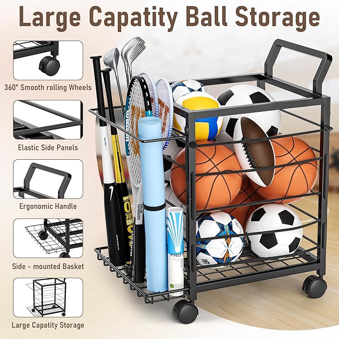 Sports Equipment Garage Organizer,Garage Ball Storage Rack for Sports with Wheels-Upgraded 3 Layers Organizer Rack Outdoor Basketball Racks for Balls with Holder and Hooks (Dark Black)
