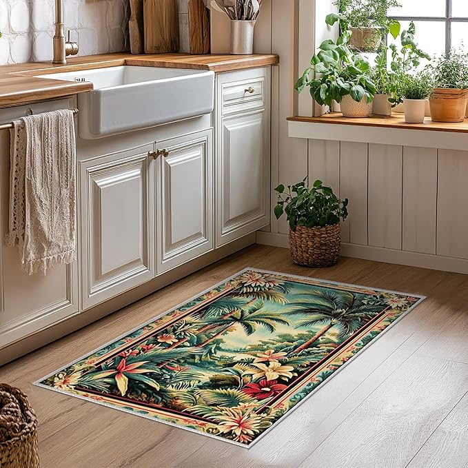 2x3 Tropical Rainforest Area Rugs Boho Forest Rug for Bathroom Kitchen Entryway Indoor Soft Non-Slip Thin Hippie Carpet Small Green Doormat for Office Dining Room Under Table Washable Machine