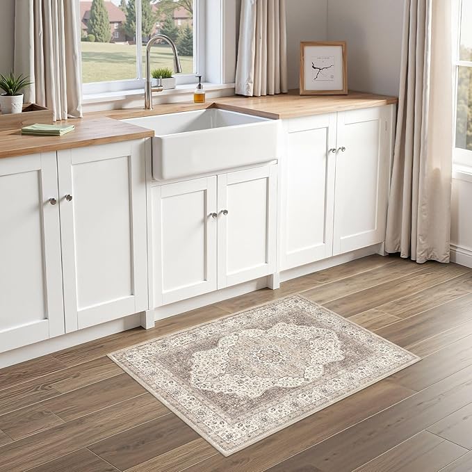 2x3 Washable Entryway Rug: Non-Slip Soft Indoor Throw Small Vintage Floral Area Rug for Kitchen Bedroom, Low Pile Durable Carpet for Front Door Porch Floor Doormat Home Decor (Brown/Beige)