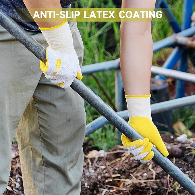JDL Gardening Gloves for Women, 2 Pairs Breathable Latex Coated Yard Garden Gloves, Rubber Outdoor Protective Work Gloves with Grip, Yellow, Large Size